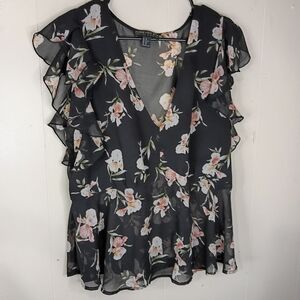 Forever 21 Black Floral V-Neck Ruffle Sleeve Blouse